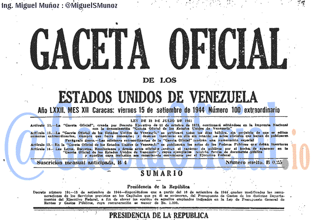 Gaceta Oficial 100 del 15 Septiembre 1944