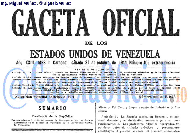 Gaceta Oficial 105 del 21 Octubre 1944