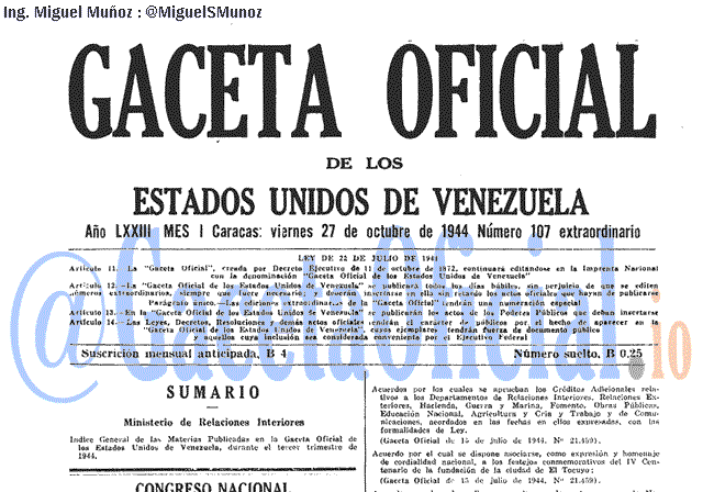 Gaceta Oficial 107 del 27 Octubre 1944