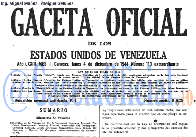 Gaceta Oficial 113 del 4 Diciembre 1944