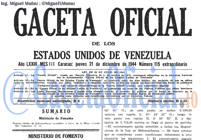 Gaceta Oficial 115 del 21 Diciembre 1944
