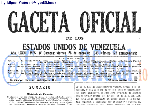 Gaceta Oficial 122 del 26 Enero 1945