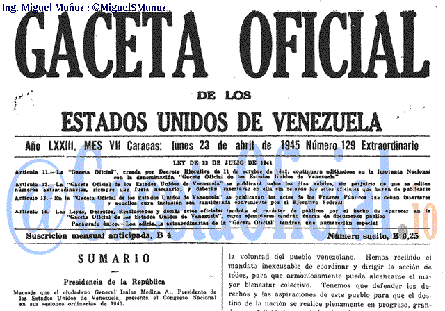 Gaceta Oficial 129 del 23 Abril 1945