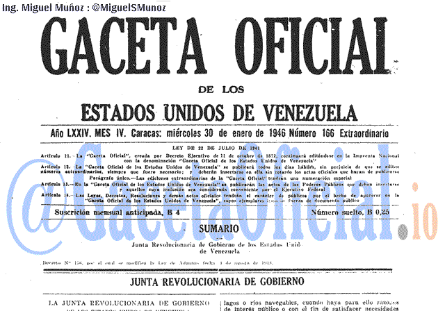 Gaceta Oficial 166 del 30 Enero 1946