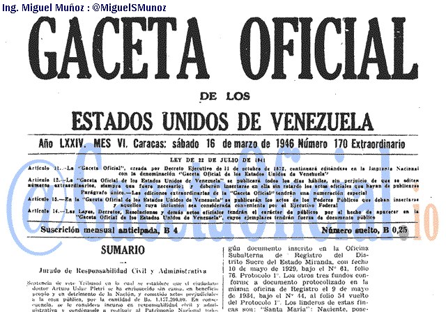 Gaceta Oficial 170 del 16 Marzo 1946