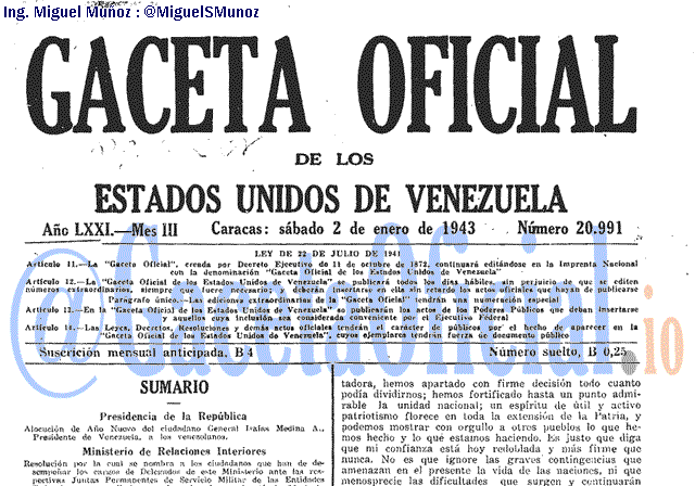 Gaceta Oficial 20991 del 2 Enero 1943