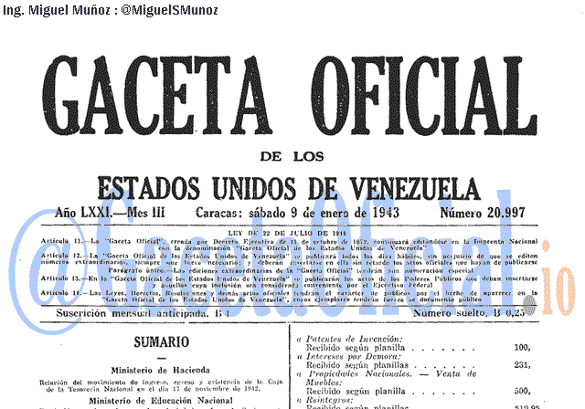 Gaceta Oficial 20997 del 9 Enero 1943