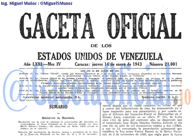 Gaceta Oficial 21001 del 14 Enero 1943