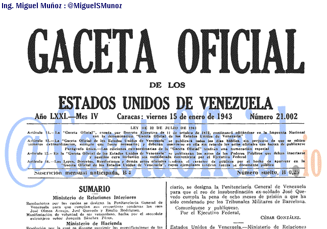 Gaceta Oficial 21002 del 15 Enero 1943