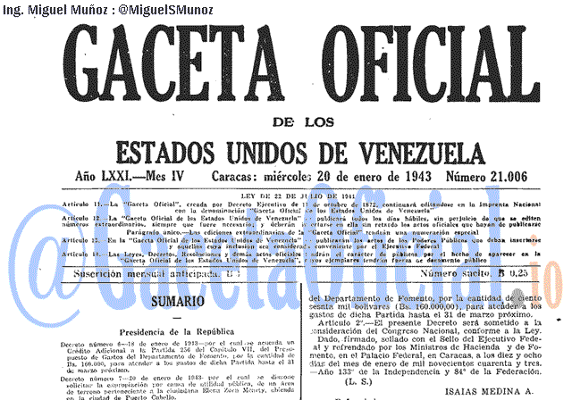 Gaceta Oficial 21006 del 20 Enero 1943