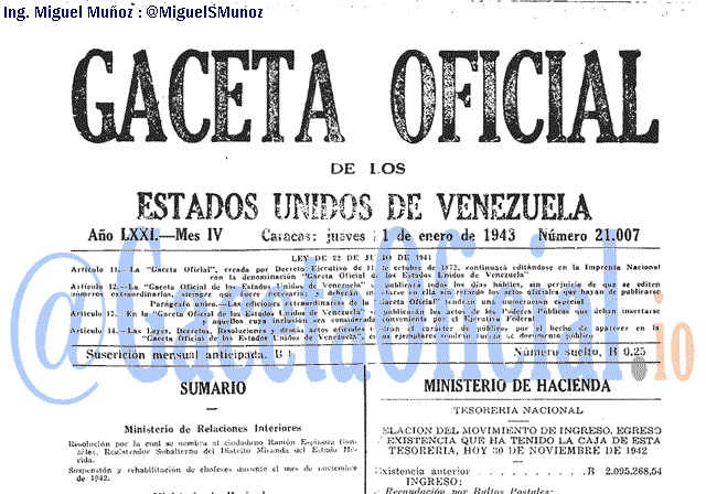 Gaceta Oficial 21007 del 1 Enero 1943