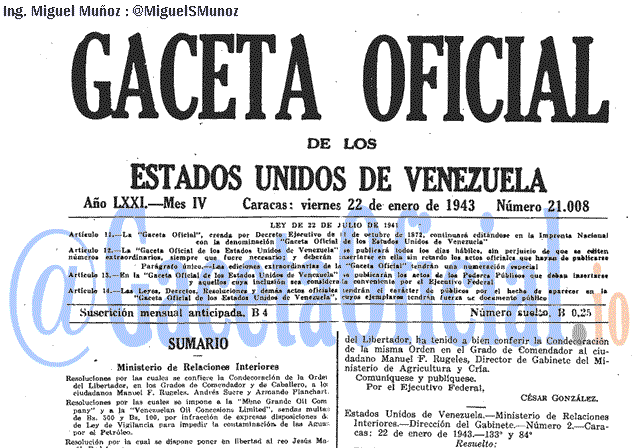 Gaceta Oficial 21008 del 22 Enero 1943