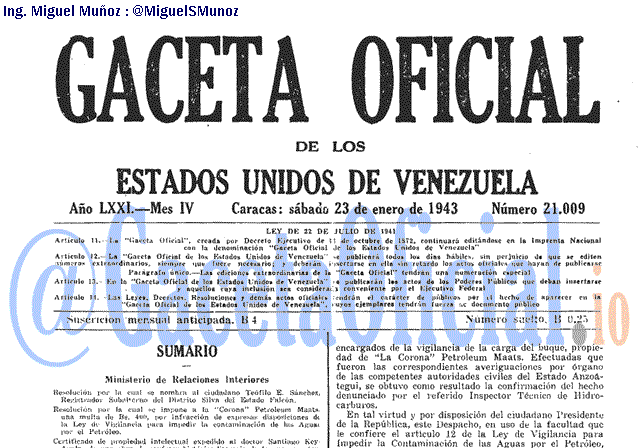 Gaceta Oficial 21009 del 23 Enero 1943