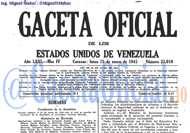 Gaceta Oficial 21010 del 25 Enero 1943