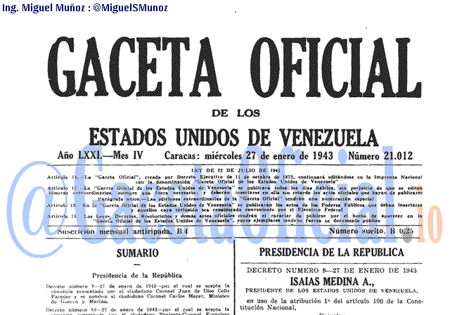 Gaceta Oficial 21012 del 27 Enero 1943