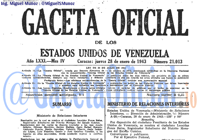 Gaceta Oficial 21013 del 28 Enero 1943