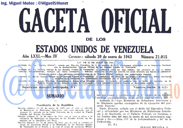 Gaceta Oficial 21015 del 30 Enero 1943