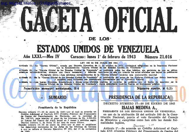 Gaceta Oficial 21016 del 1 Febrero 1943