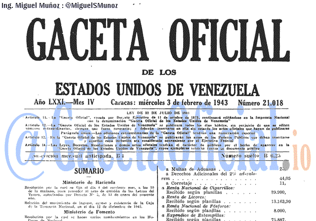 Gaceta Oficial 21018 del 3 Febrero 1943