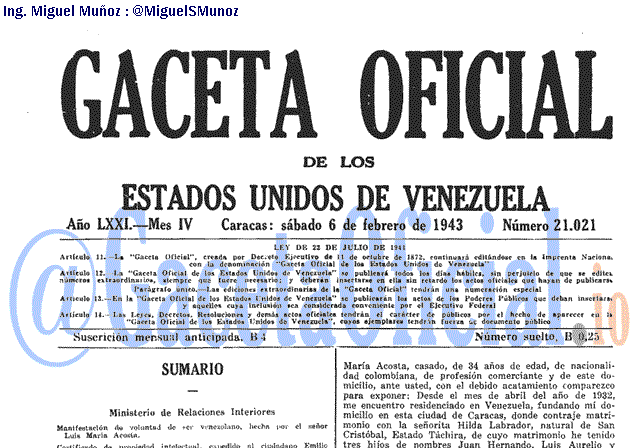 Gaceta Oficial 21021 del 6 Febrero 1943