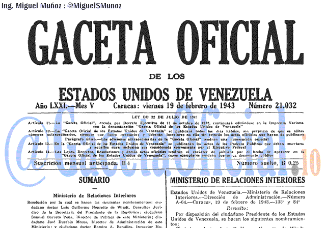 Gaceta Oficial 21032 del 19 Febrero 1943