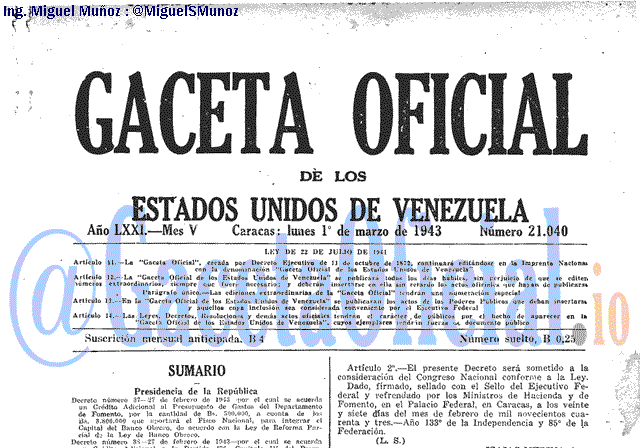 Gaceta Oficial 21040 del 1 Marzo 1943