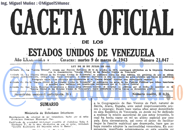 Gaceta Oficial 21047 del 9 Marzo 1943
