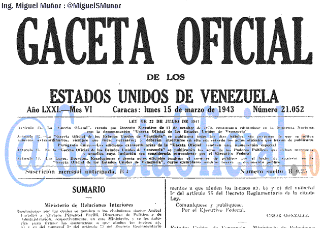 Gaceta Oficial 21052 del 15 Marzo 1943