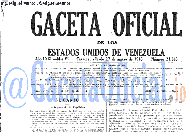 Gaceta Oficial 21063 del 27 Marzo 1943