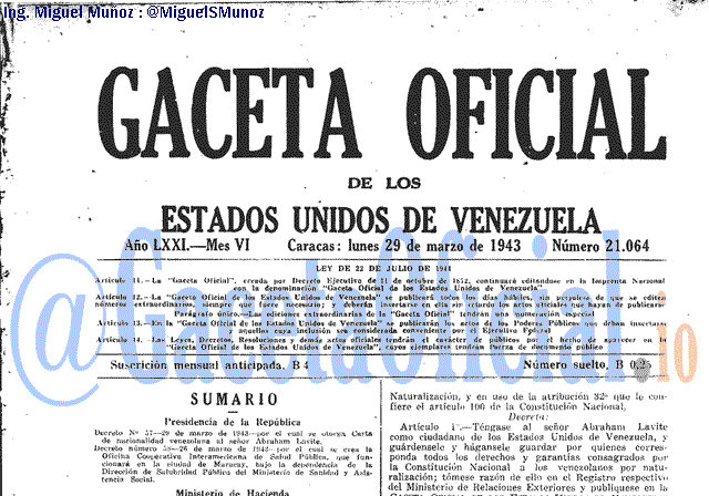Gaceta Oficial 21064 del 29 Marzo 1943
