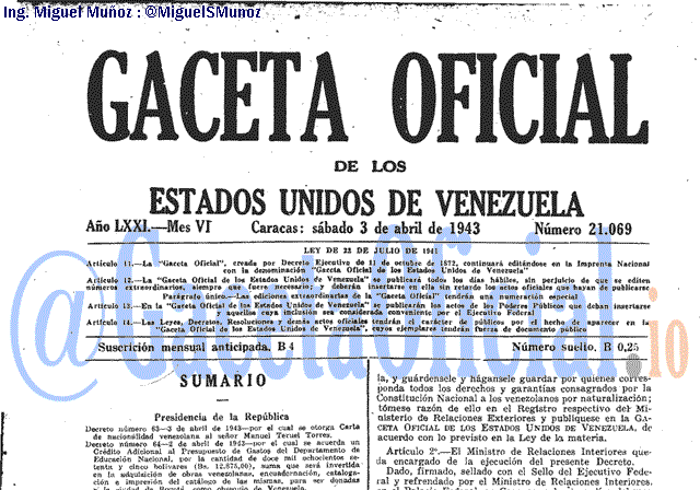 Gaceta Oficial 21069 del 3 Abril 1943