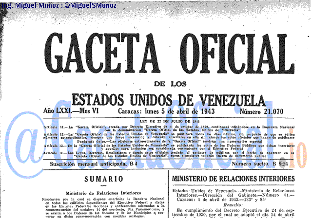 Gaceta Oficial 21070 del 5 Abril 1943