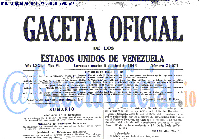 Gaceta Oficial 21071 del 6 Abril 1943