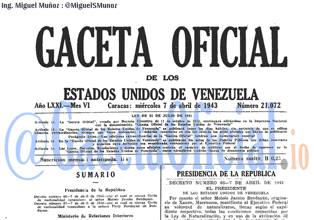 Gaceta Oficial 21072 del 7 Abril 1943