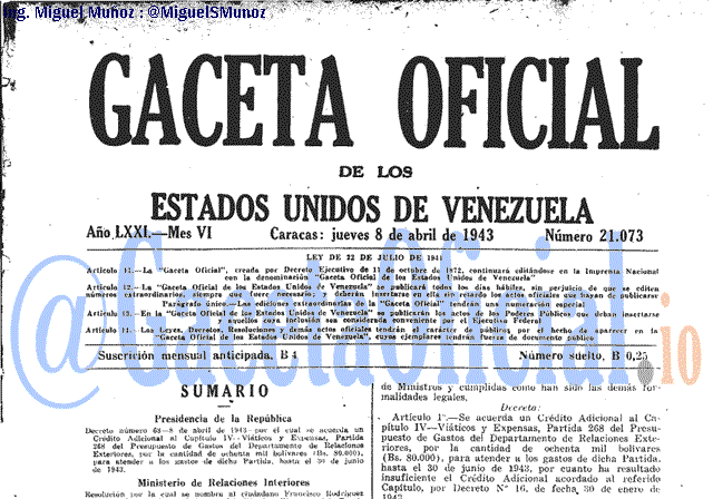 Gaceta Oficial 21073 del 8 Abril 1943