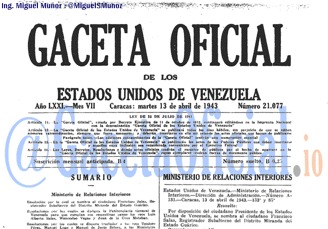 Gaceta Oficial 21077 del 13 Abril 1943