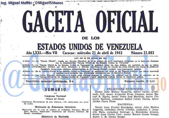 Gaceta Oficial 21083 del 21 Abril 1943