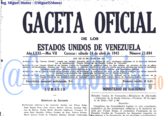 Gaceta Oficial 21084 del 24 Abril 1943
