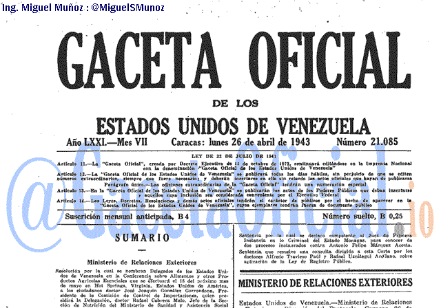 Gaceta Oficial 21085 del 26 Abril 1943