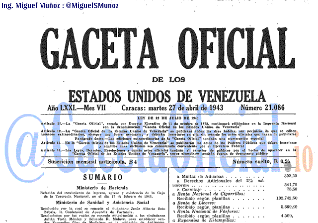 Gaceta Oficial 21086 del 27 Abril 1943