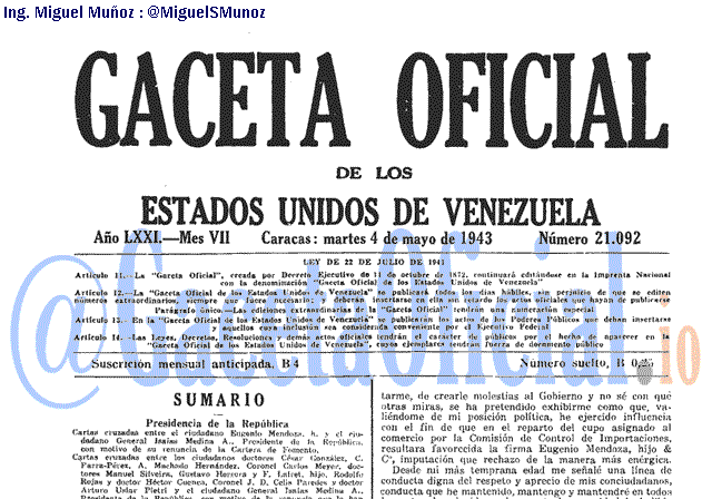 Gaceta Oficial 21092 del 4 Mayo 1943