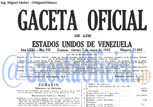 Gaceta Oficial 21095 del 7 Mayo 1943