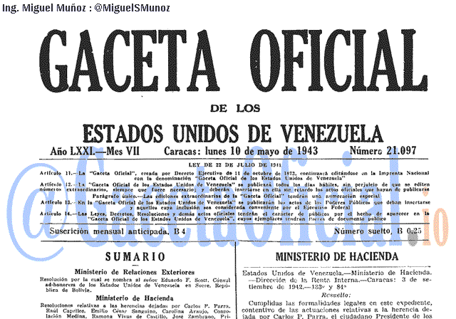 Gaceta Oficial 21097 del 10 Mayo 1943