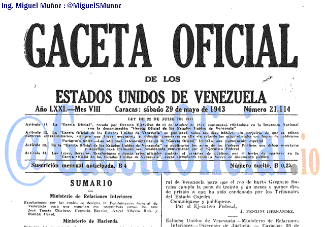 Gaceta Oficial 21114 del 29 Mayo 1943