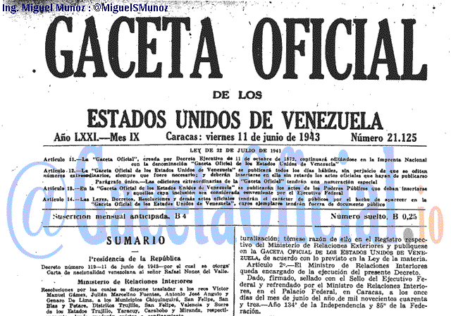 Gaceta Oficial 21125 del 11 Junio 1943