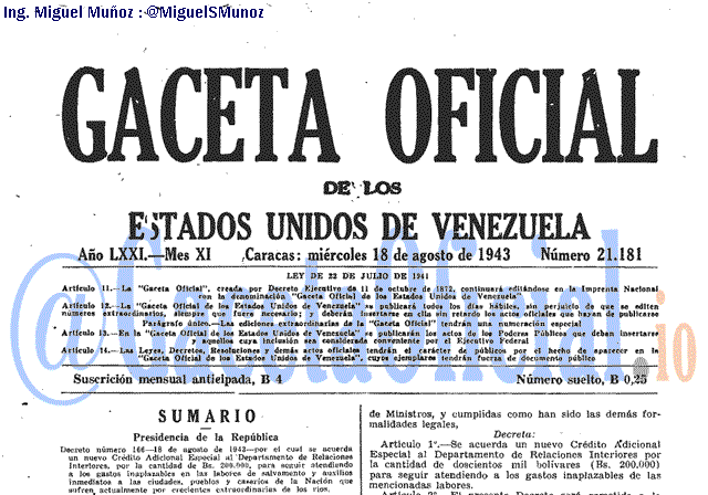 Gaceta Oficial 21181 del 18 Agosto 1943
