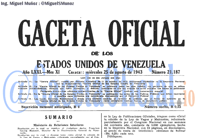 Gaceta Oficial 21187 del 25 Agosto 1943