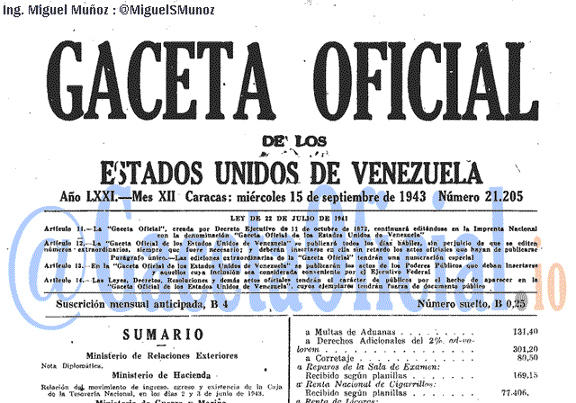 Gaceta Oficial 21205 del 15 Septiembre 1943