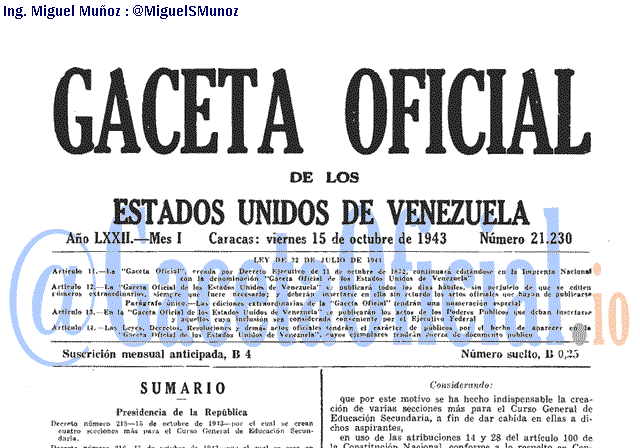 Gaceta Oficial 21230 del 15 Octubre 1943