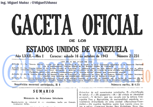 Gaceta Oficial 21231 del 16 Octubre 1943